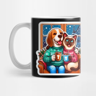 Most Wonderful Time Of The Year Beagle Dog Siamese Cat Ugly Christmas Sweater Hot Chocolate Home Snowing Mug